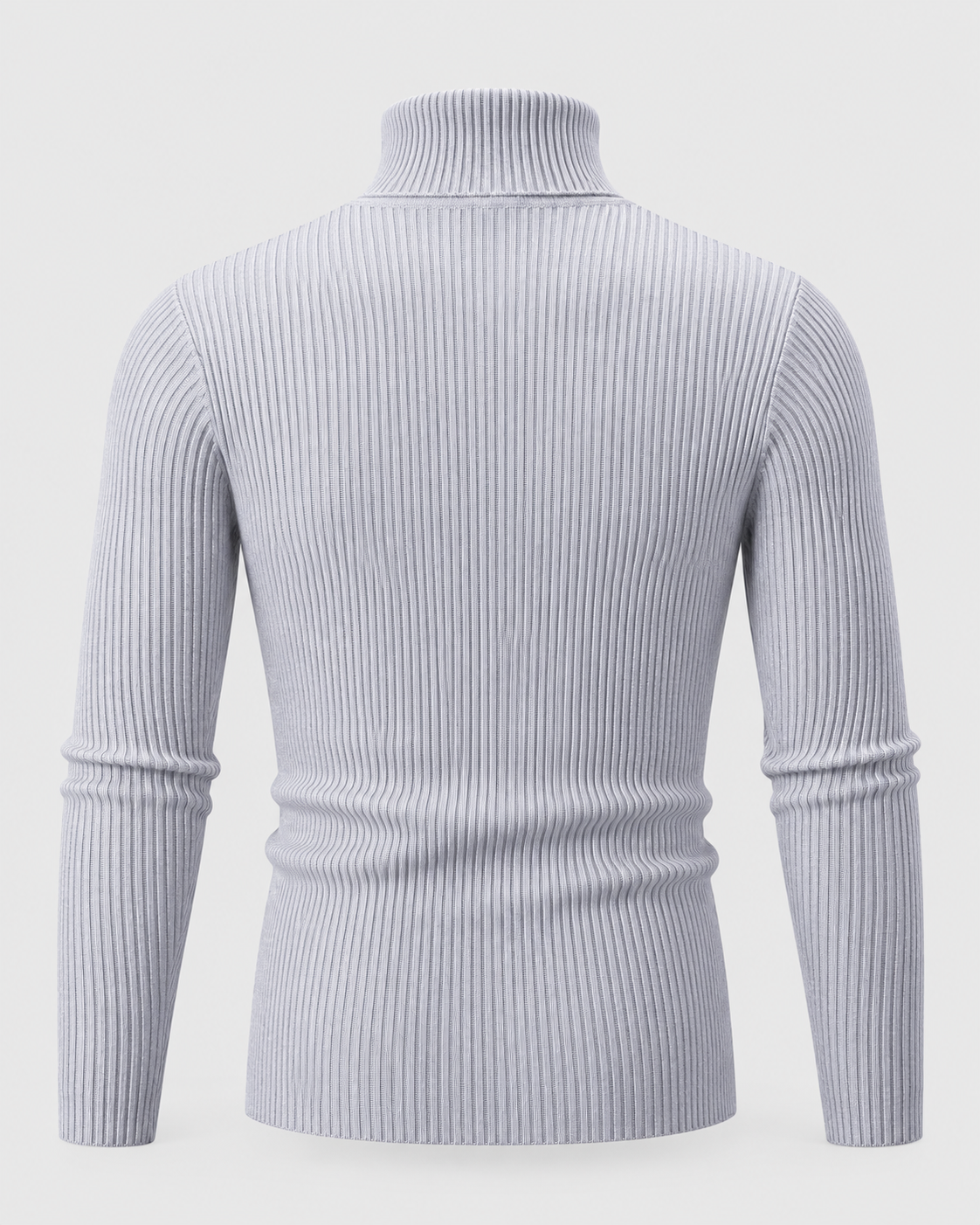 Gray | Back view of the ribbed turtleneck sweater with long sleeves