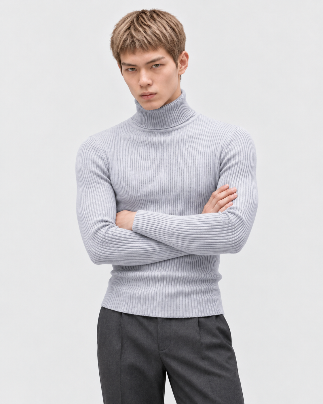 Image of Gray | Male model wearing the ribbed turtleneck sweater in an alternate pose