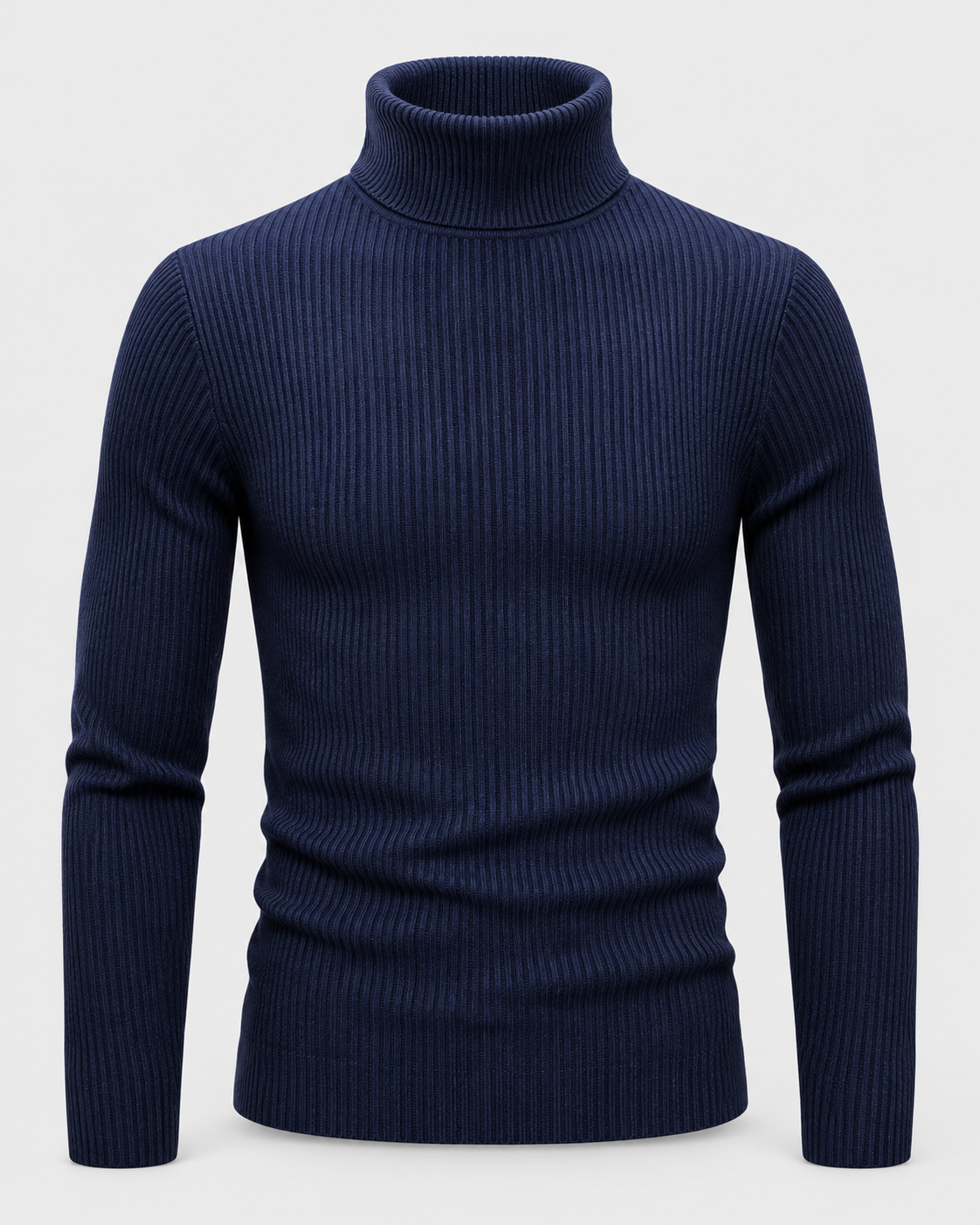 Image of Navy | Front view of the men's ribbed turtleneck sweater against a light studio background