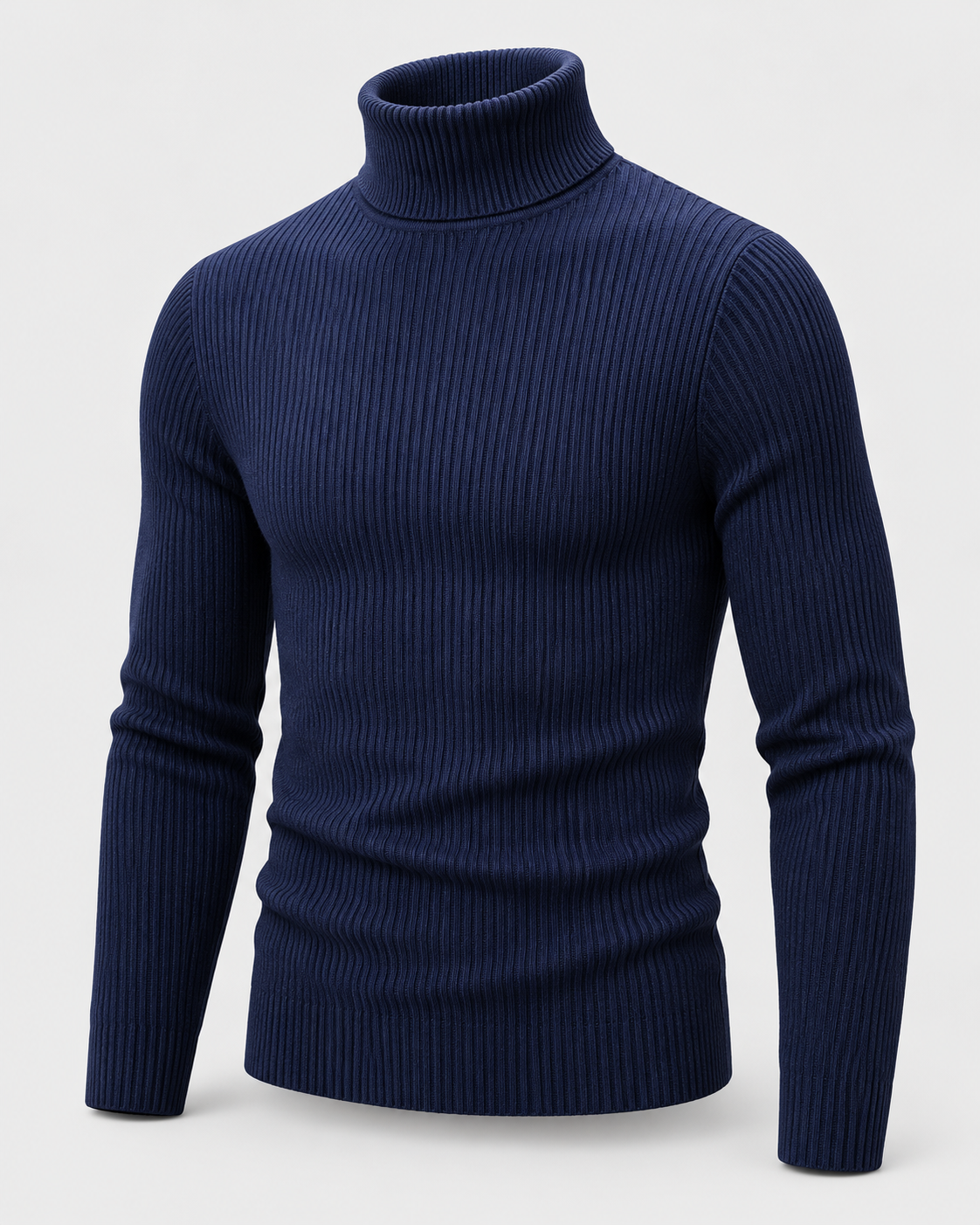 Navy | Back view of the ribbed turtleneck sweater with long sleeves
