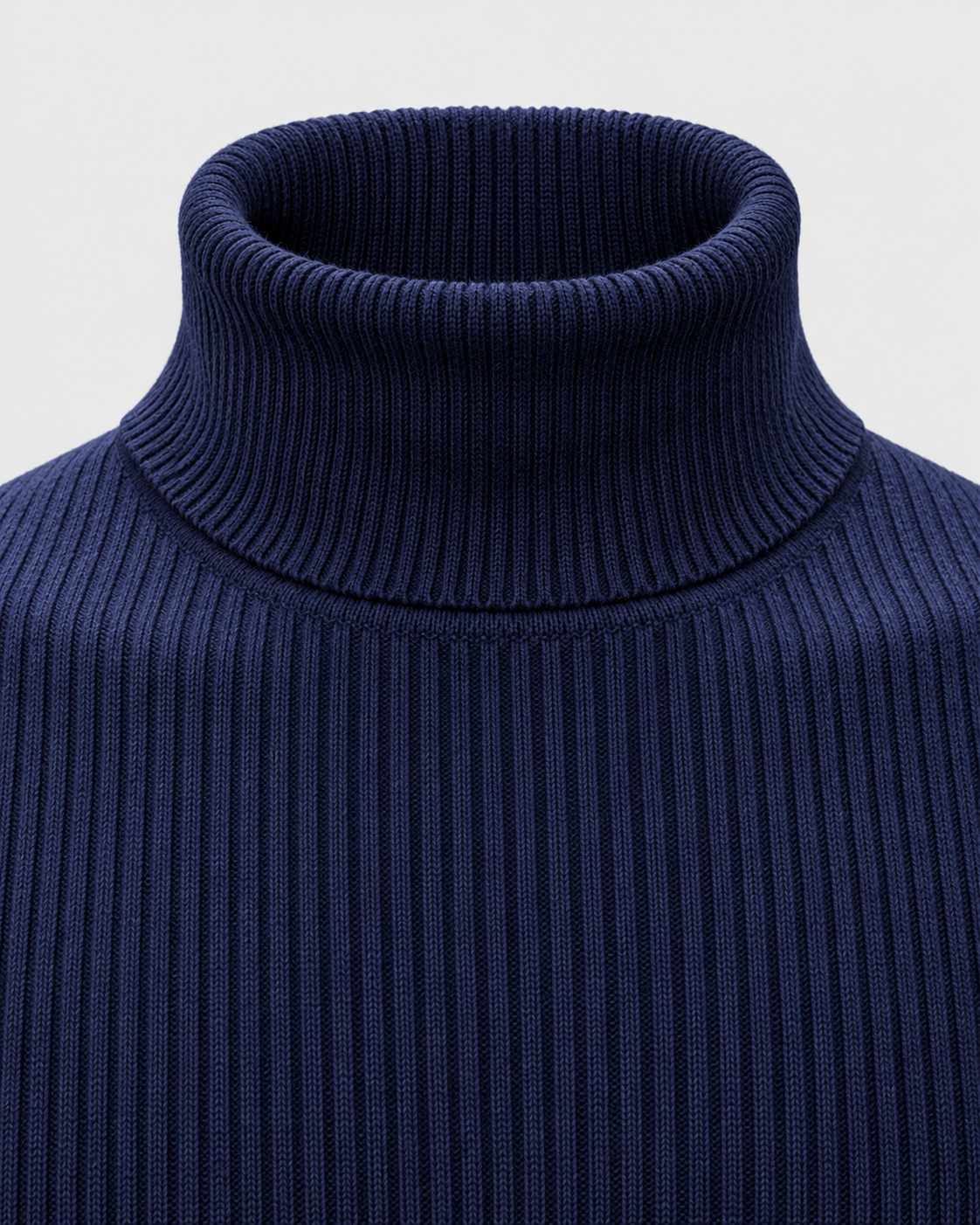 Navy | Close-up of the folded ribbed turtleneck collar