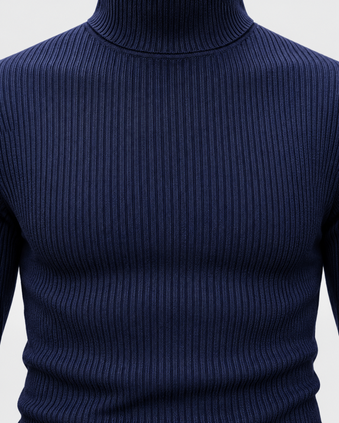 Navy | Close-up of the sweater's ribbed knit texture across the upper body