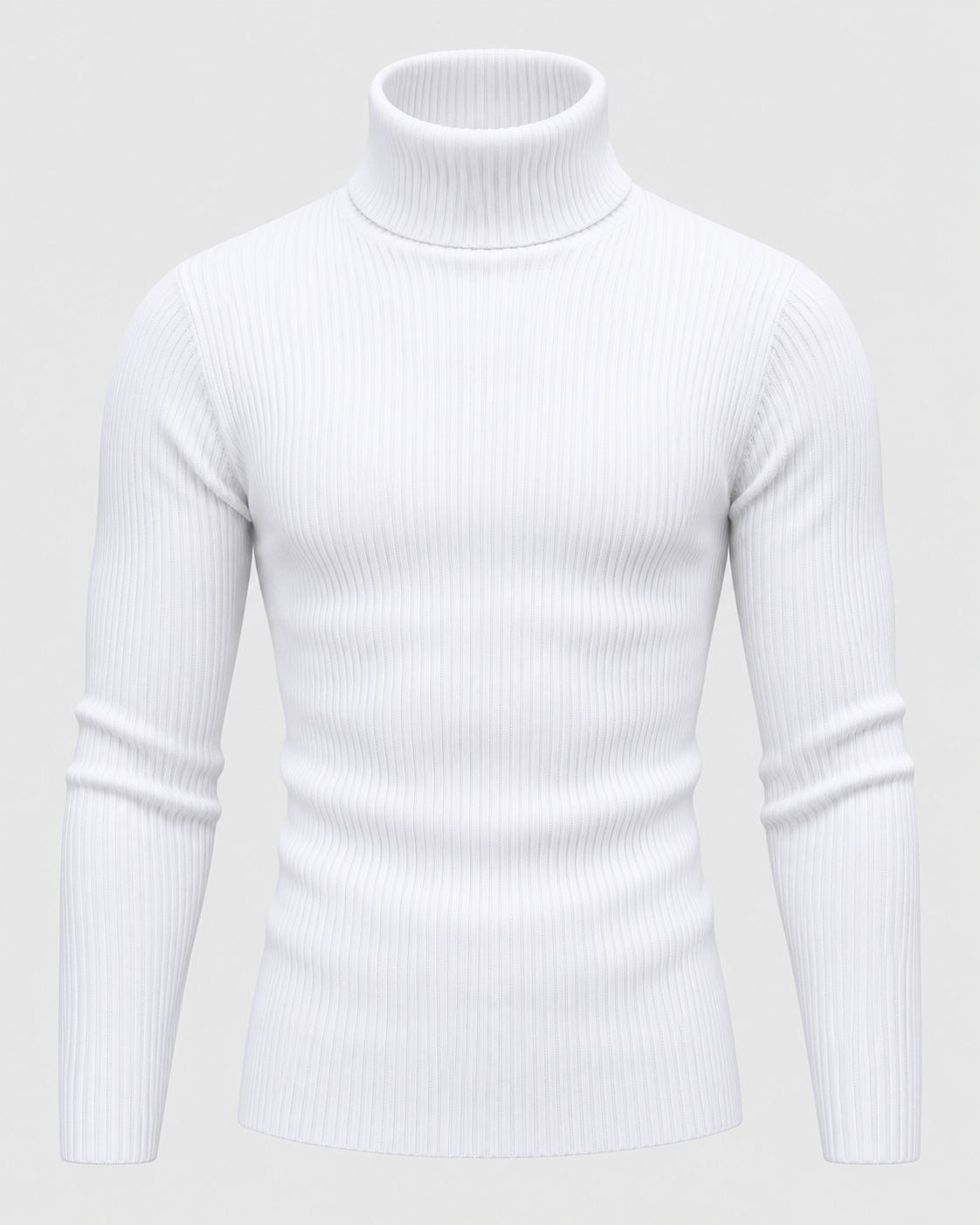 White | Front view of the men's ribbed turtleneck sweater against a light studio background