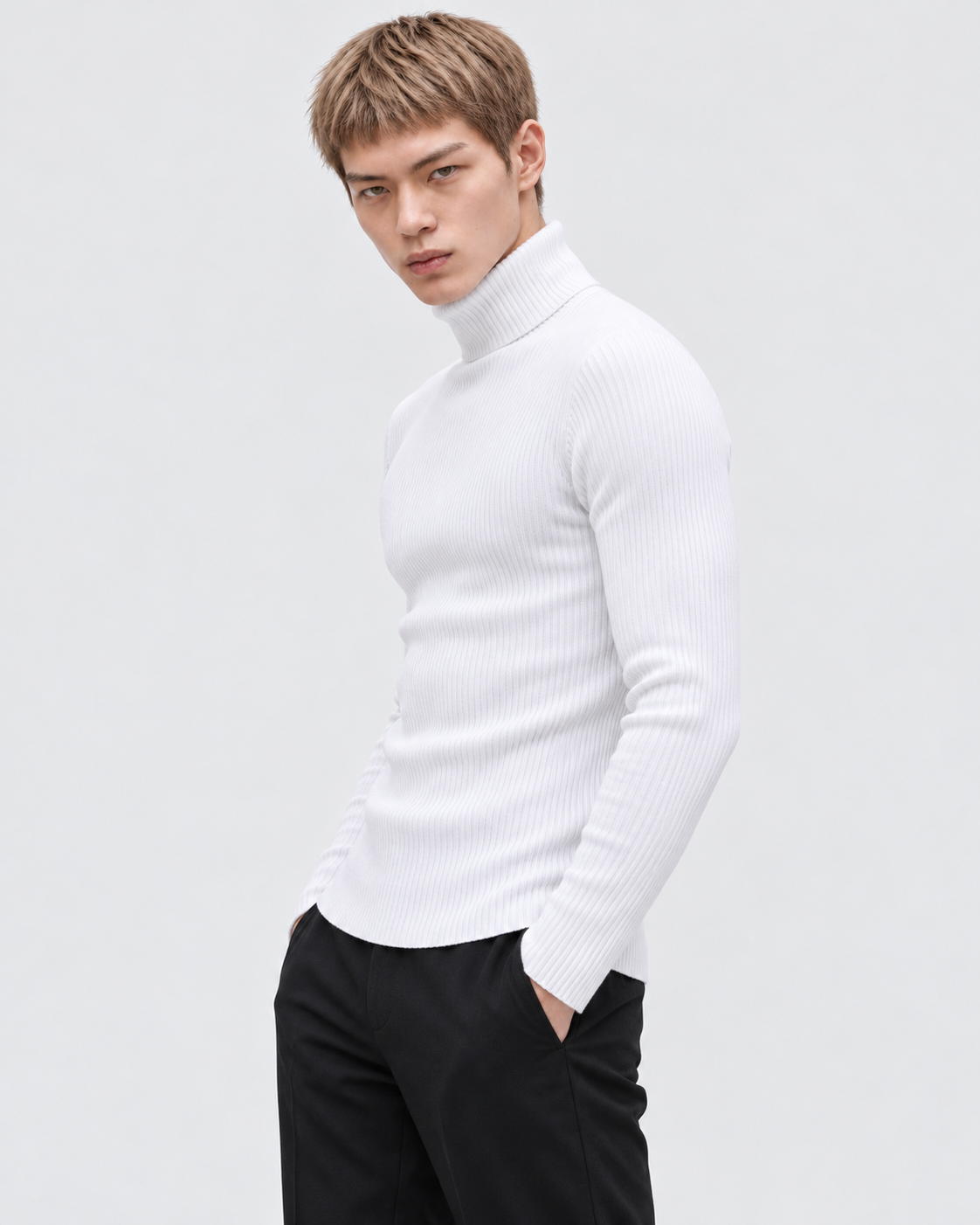 Image of White | Male model wearing the ribbed turtleneck sweater in an alternate pose