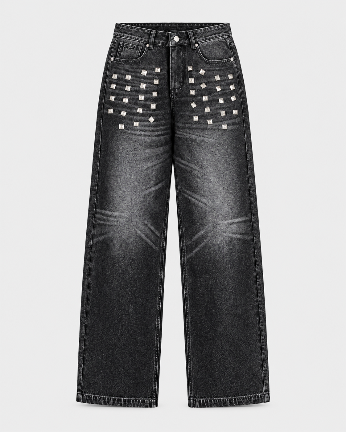 Image of Black | Men's Washed Straight-Leg Jeans, front view with metallic studs and faded wash