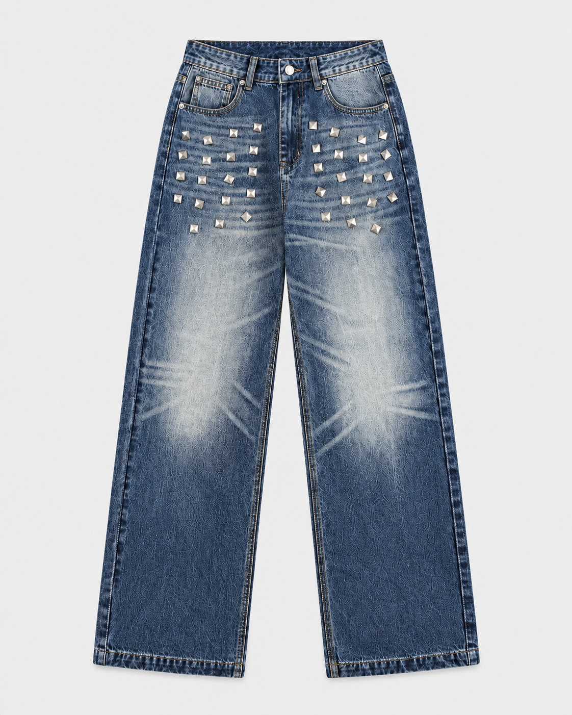 Blue | Men's Washed Straight-Leg Jeans, front view with metallic studs and faded wash