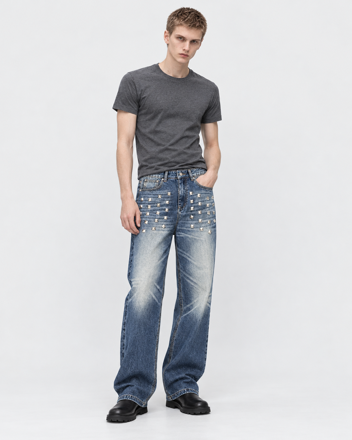 Image of Blue | Male model wearing blue washed straight-leg jeans in a studio pose
