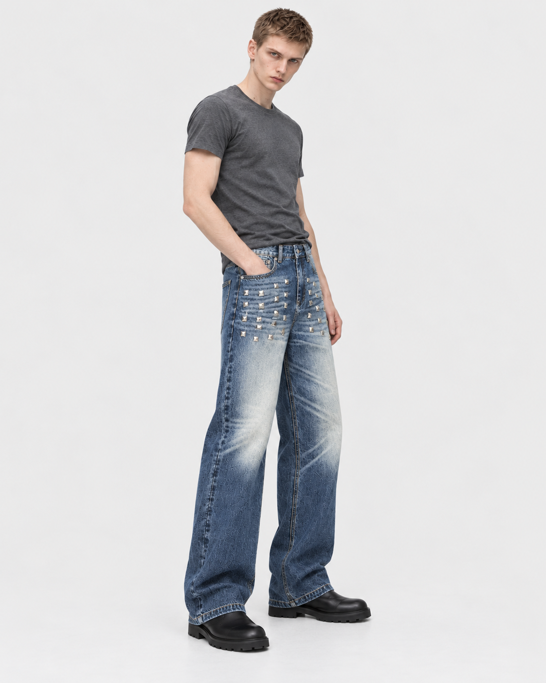 Image of Blue | Male model wearing blue washed straight-leg jeans in a second studio pose
