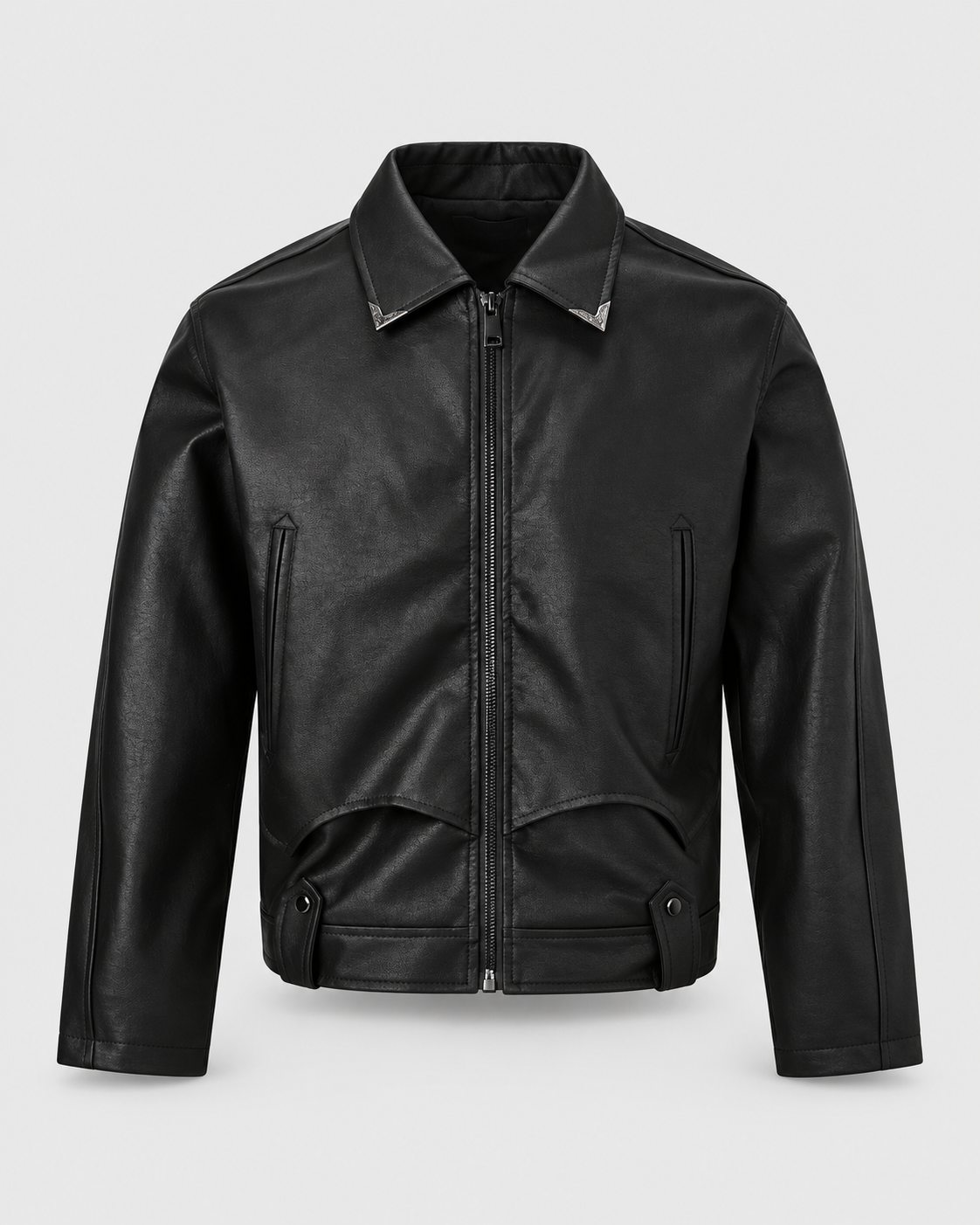 Black | Front view of men's black faux leather zip-up biker jacket on a light studio background