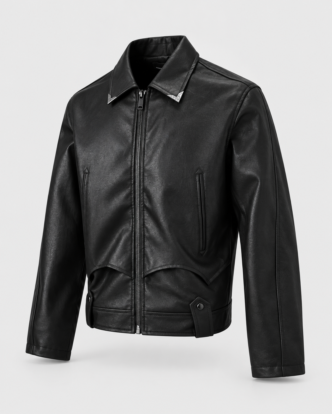 Image of Black | Angled front view of the black faux leather zip-up biker jacket showing the collar and sleeves