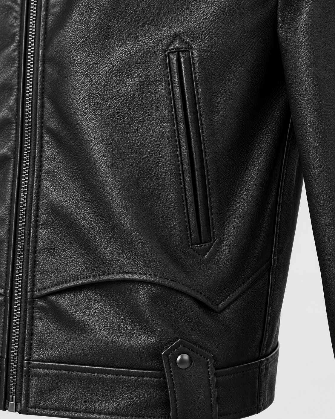 Image of Black | Close-up of the vertical zip pocket and panel stitching on a black faux leather biker jacket