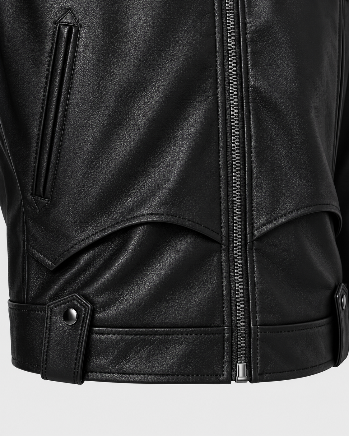 Image of Black | Close-up of the front zipper and waist tab on the black faux leather biker jacket