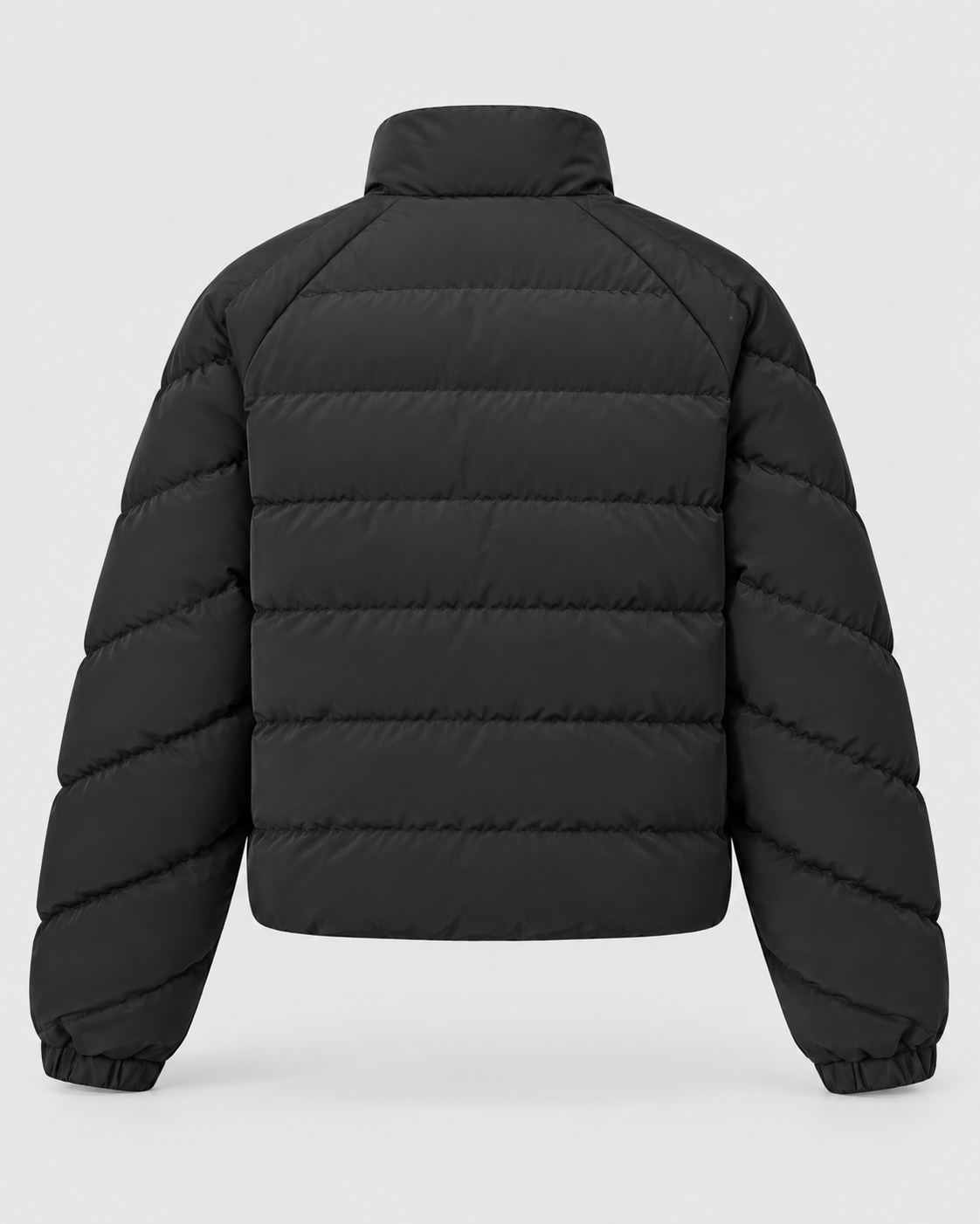 Black | Back view of the quilted puffer jacket showing the high collar and horizontal padded panels