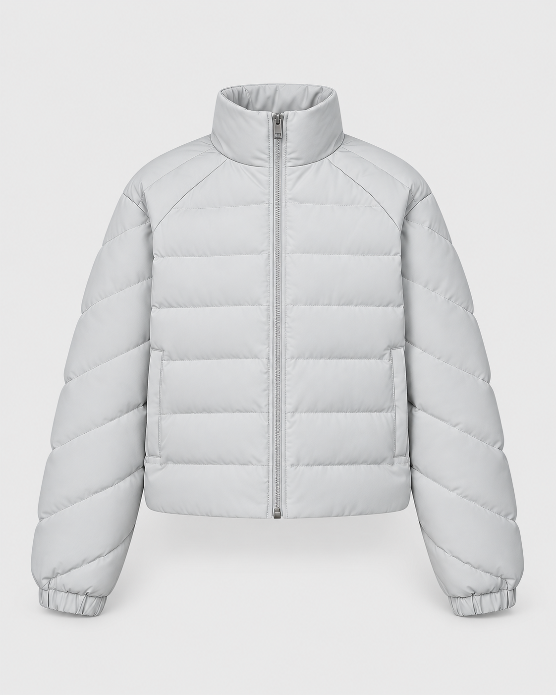 Gray | Back view of the quilted puffer jacket showing the high collar and horizontal padded panels