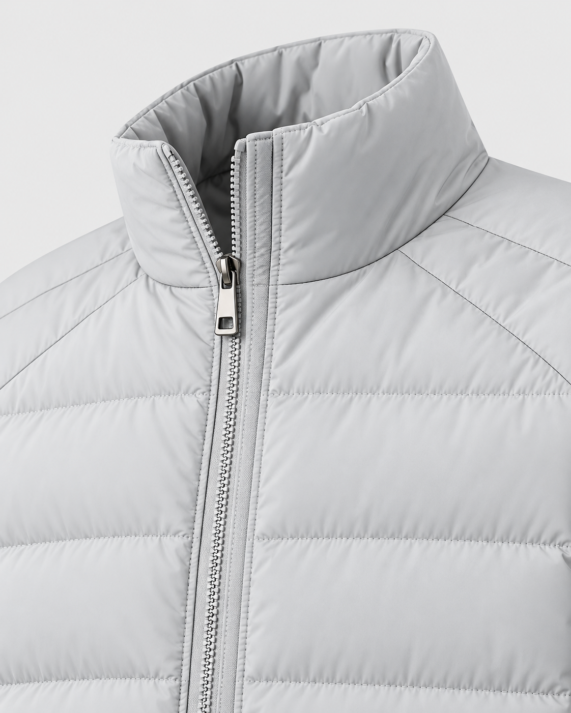 Image of Gray | Close-up of the high padded stand collar and center zipper on the puffer jacket