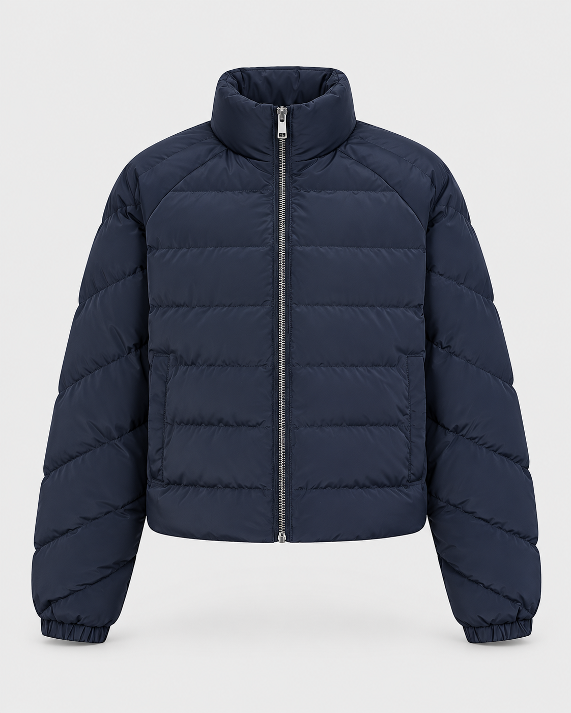Image of Navy Blue | Front view of a navy blue oversized quilted stand-collar puffer jacket against a light studio background
