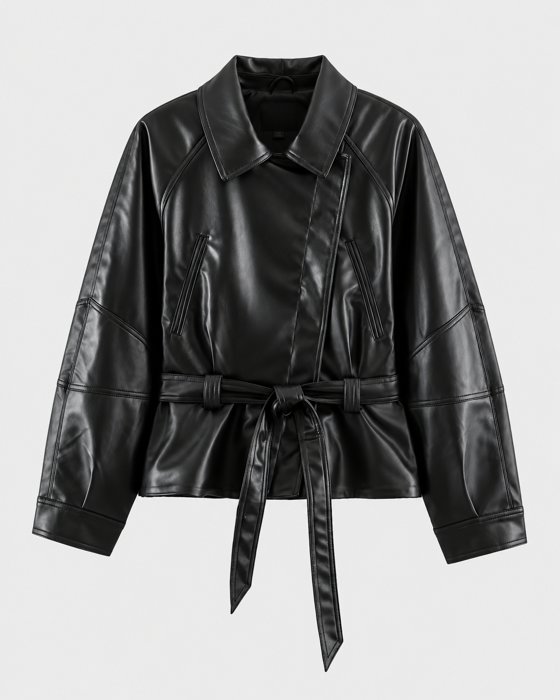 Image of Black | Women's belted biker-style zip-up jacket, front studio view