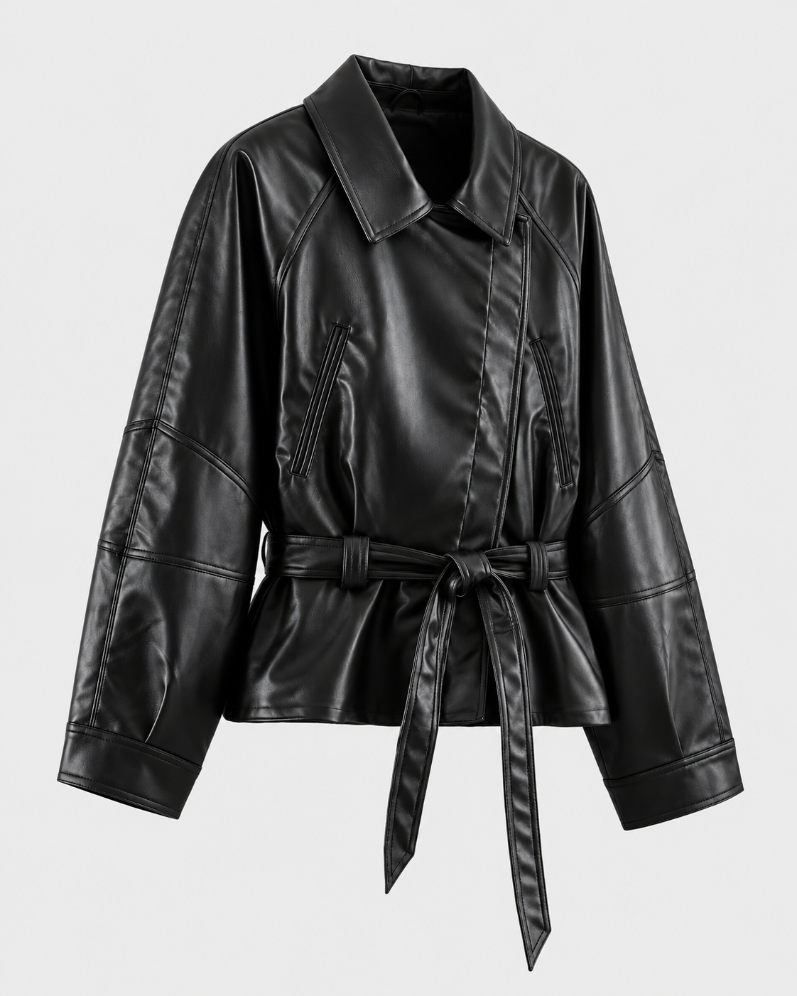 Image of Black | Women's belted biker-style jacket, angled front view