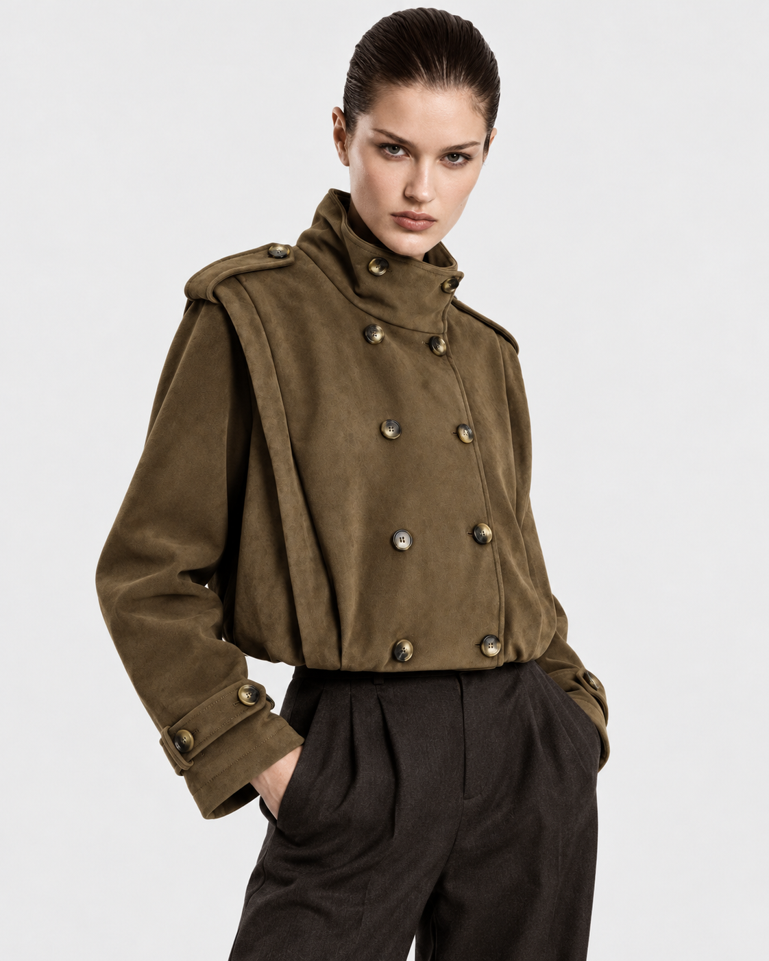 Image of Camel | Model wearing camel double-breasted trench coat, front pose
