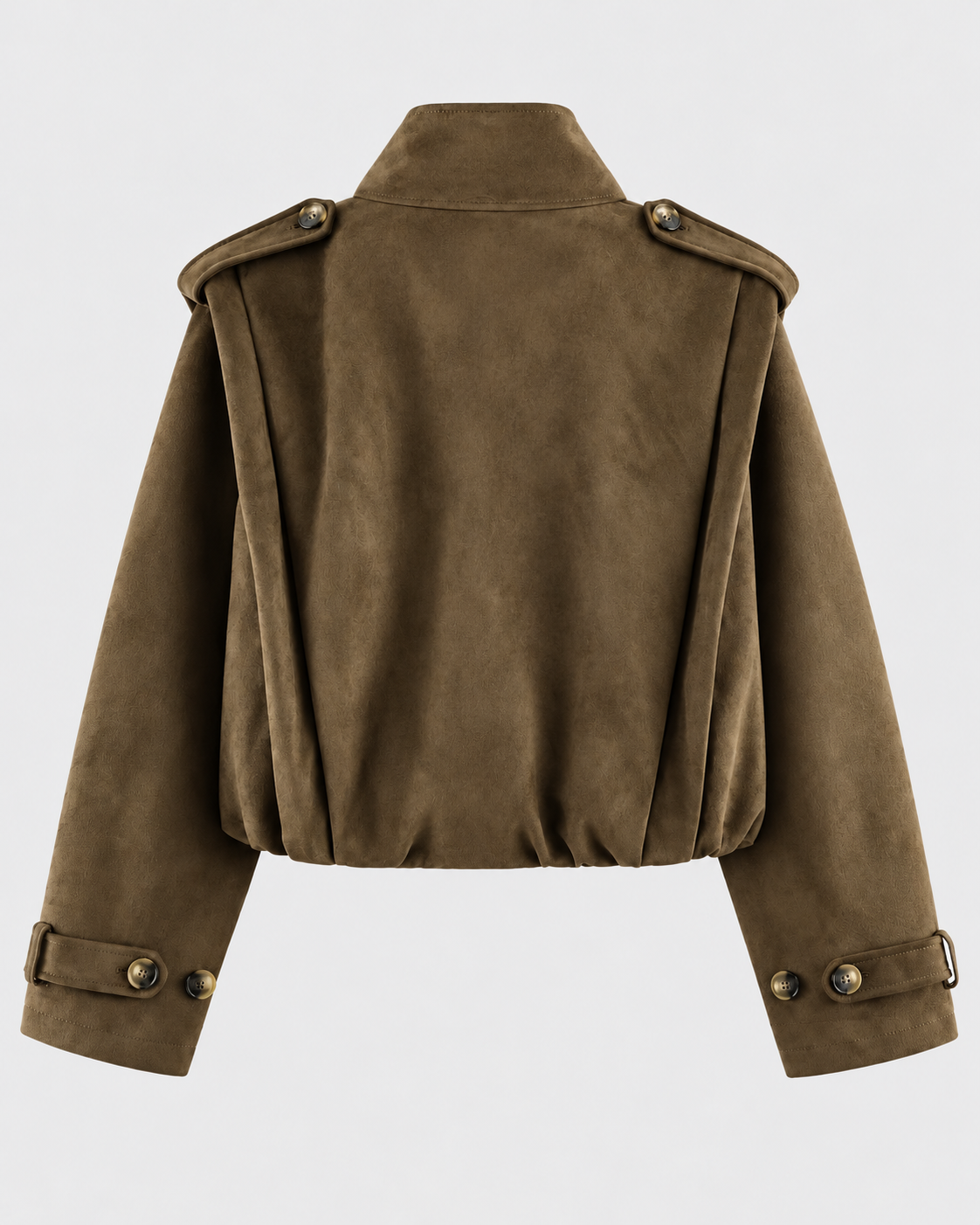 Image of Camel | Back view of women's pleated double-breasted trench coat