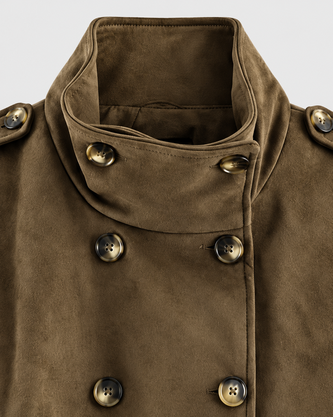 Camel | Close-up of stand collar and epaulettes on camel trench coat