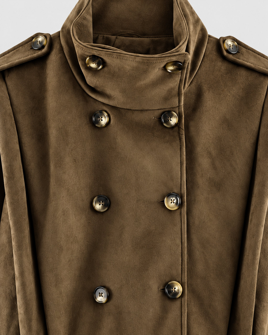 Image of Camel | Detail of double-breasted buttons on camel trench jacket