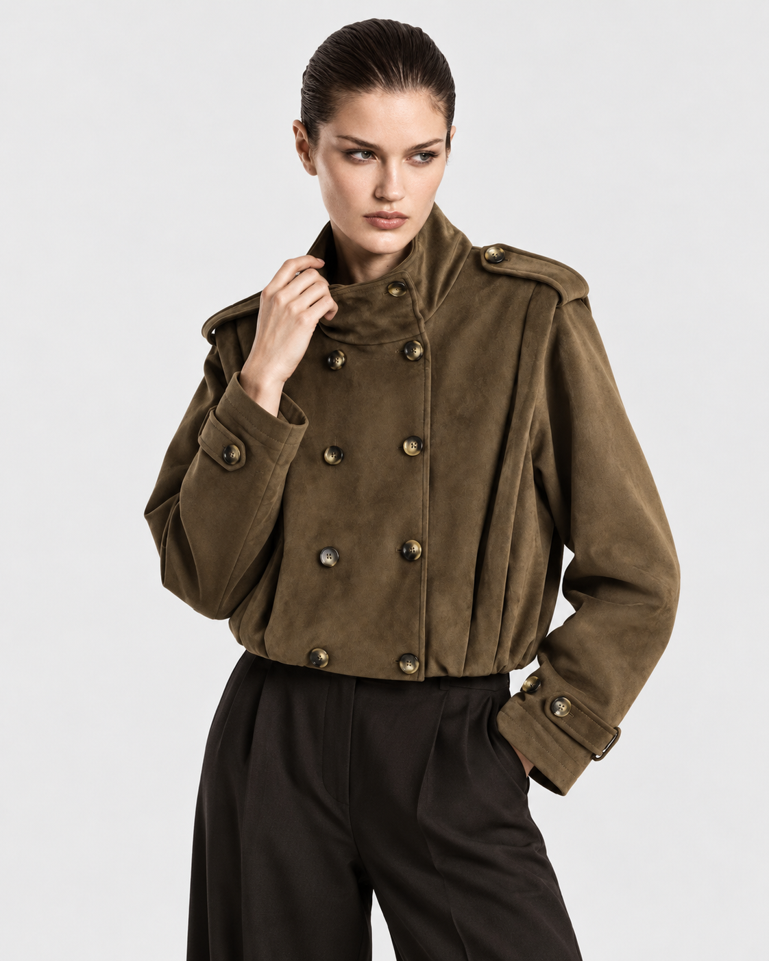 Camel | Model wearing women's camel double-breasted trench coat, alternate pose