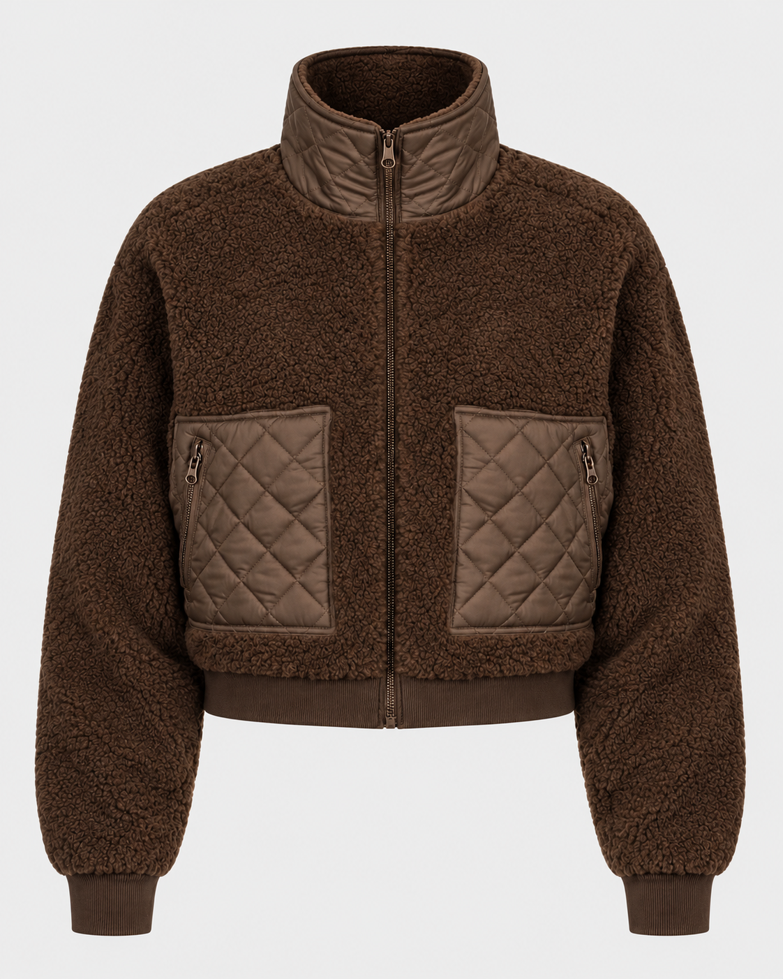 Image of Brown | Women's brown fleece and quilted padded zip-up winter jacket, front view