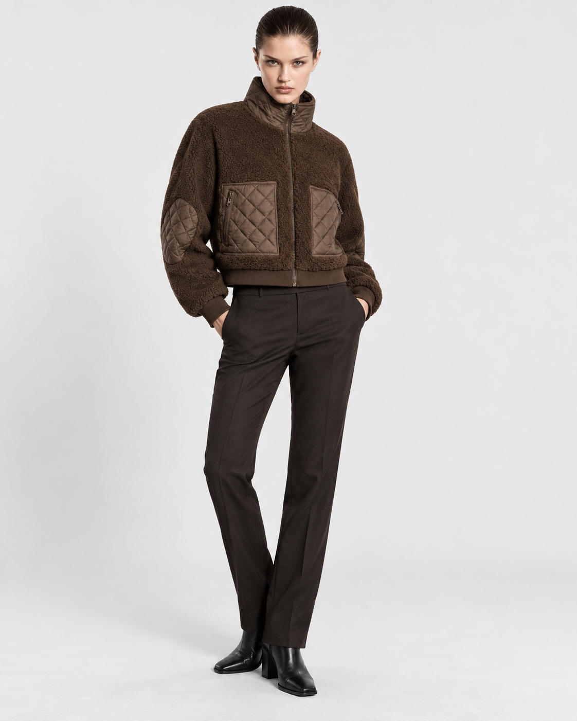 Image of Brown | Model wearing women's brown padded winter jacket, front view