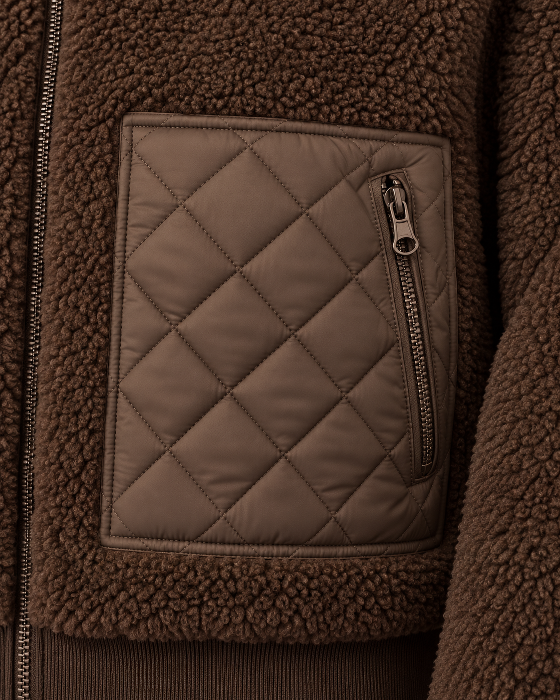 Brown | Close-up of quilted zip pocket on brown padded fleece jacket