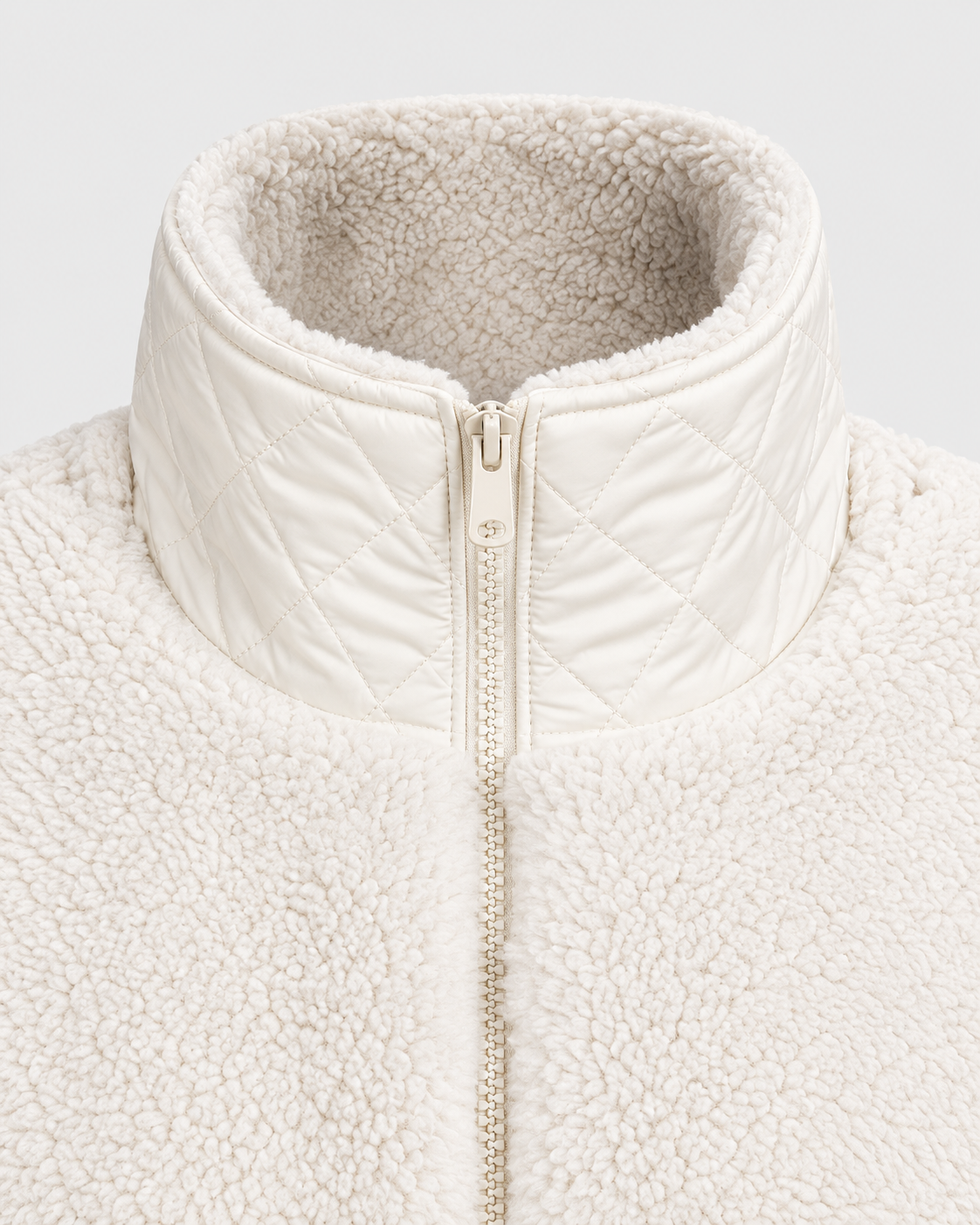 Image of White | Close-up of high fleece collar and front zipper on white padded jacket