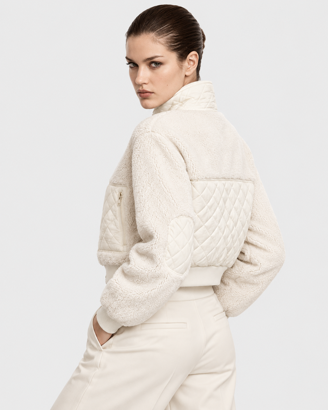 Image of White | Model showing back of white quilted padded jacket, alternate pose