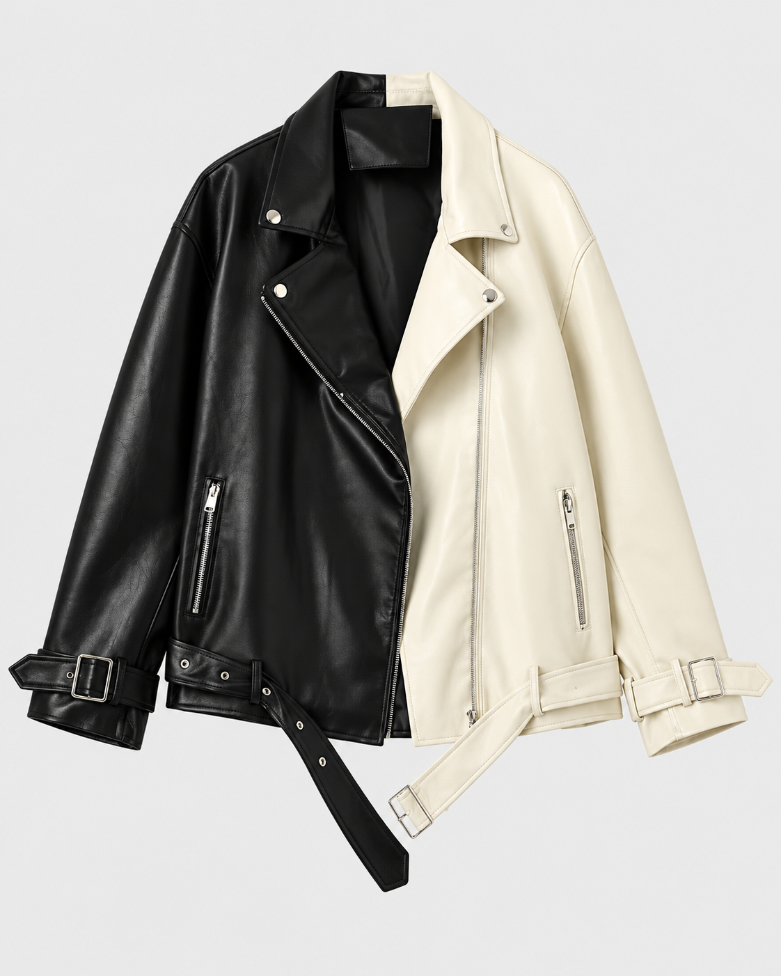 Beige | Women's cropped two-tone faux leather biker jacket, front view