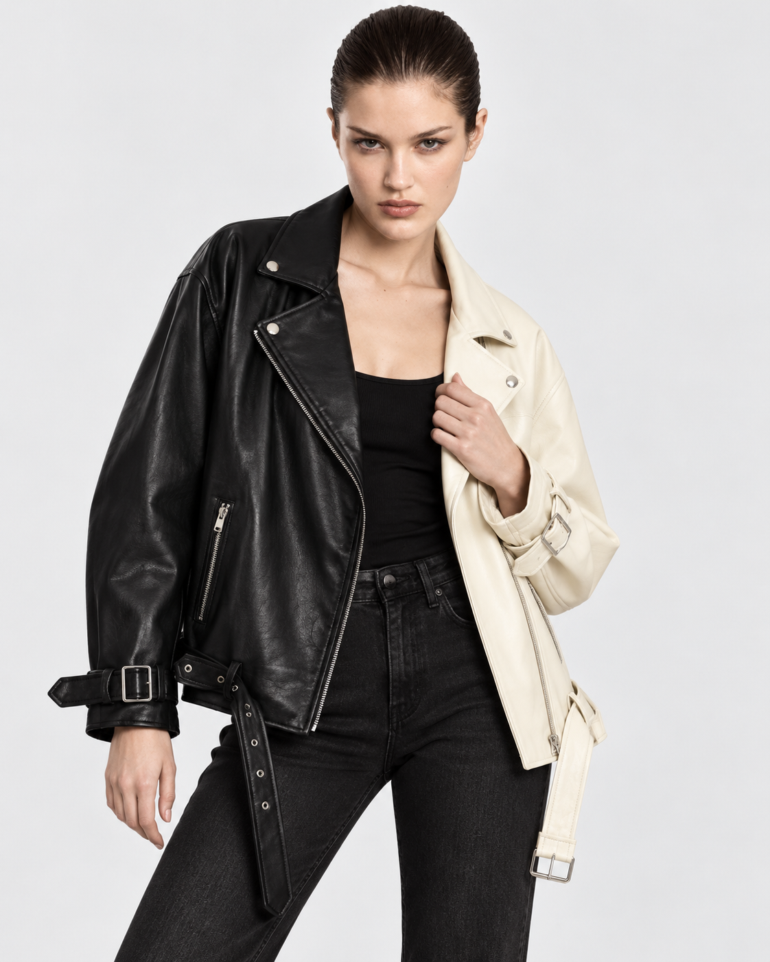 Beige | Model wearing two-tone beige and black cropped biker jacket, front pose