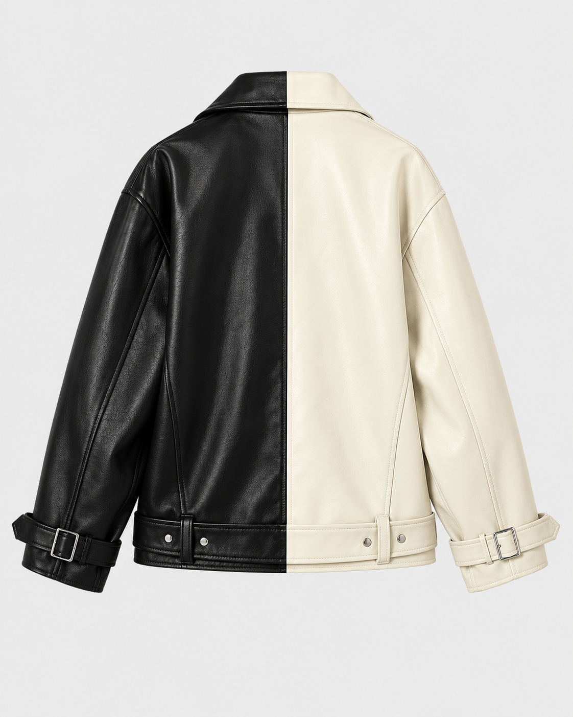 Image of Beige | Back view of two-tone cropped faux leather biker jacket