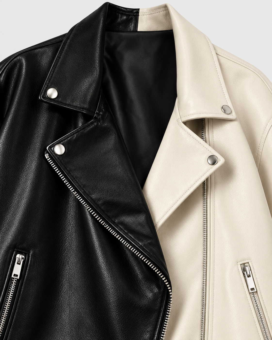 Beige | Close-up of contrast lapels and zip closure on two-tone biker jacket