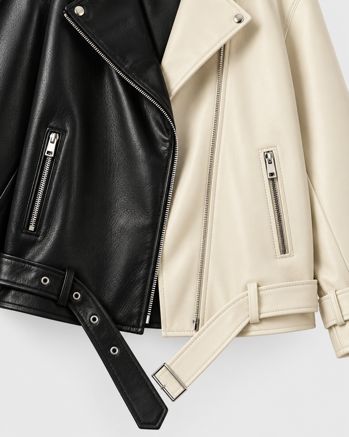 Beige | Close-up of front zipper and contrasting faux leather panels