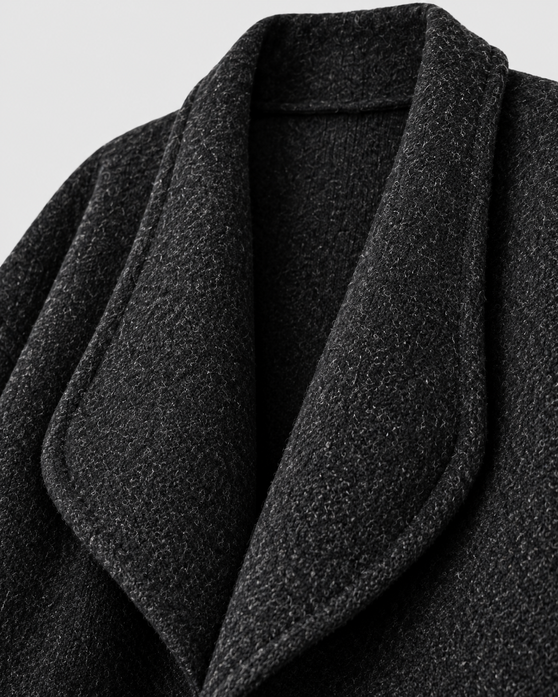 Image of Dark Gray | Close-up of soft knit and draped collar of dark gray cardigan