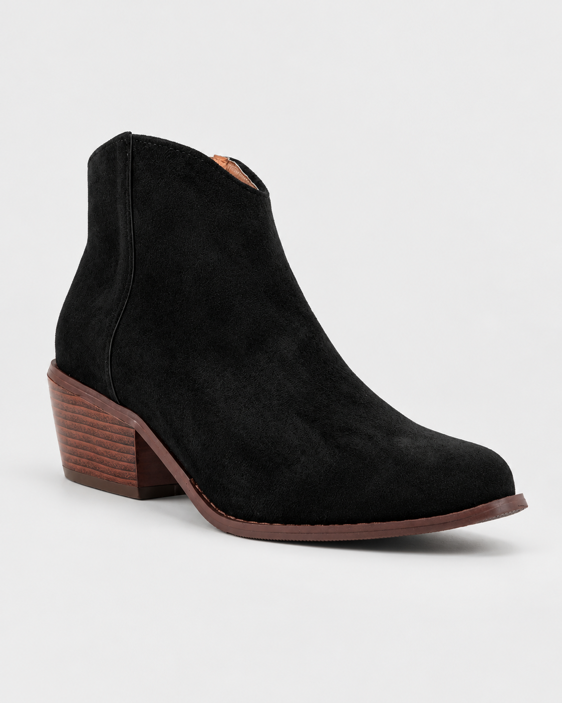 Image of Black | Angled view of black pointed-toe ankle boots with block heels