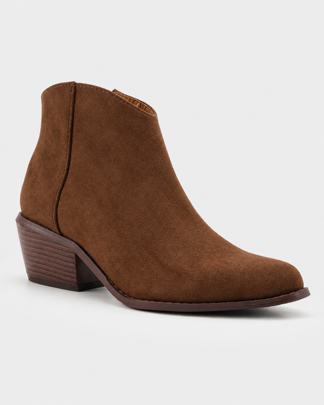 Image of Brown | Women's brown pointed-toe heeled ankle boot, side studio view