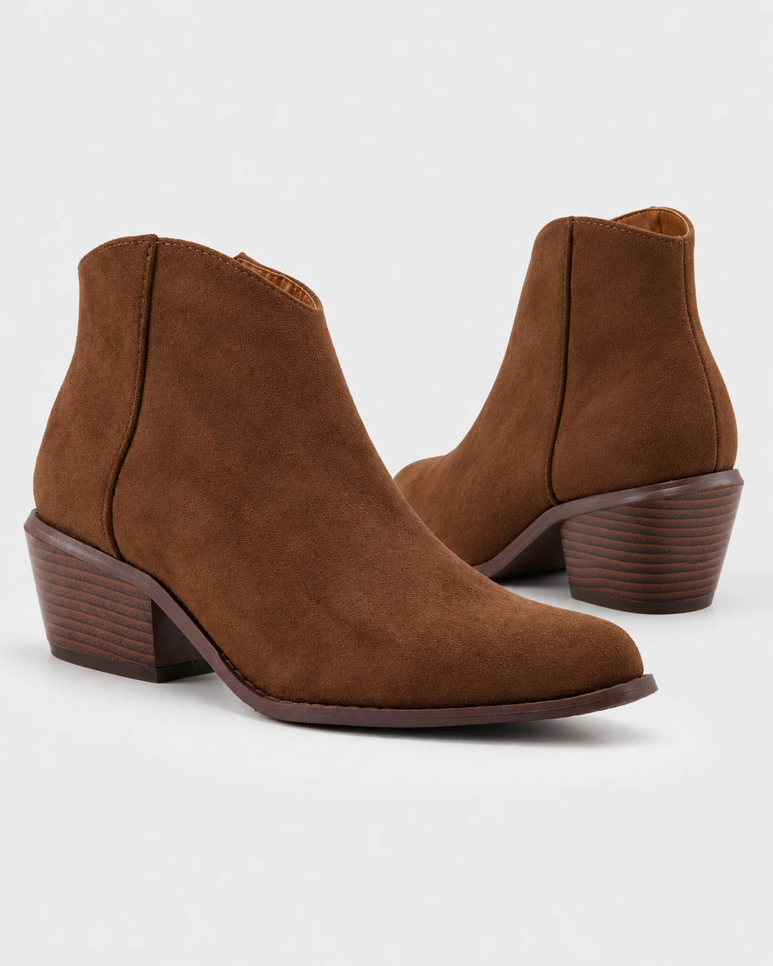 Brown | Pair of brown suede-look pointed-toe ankle boots with block heels