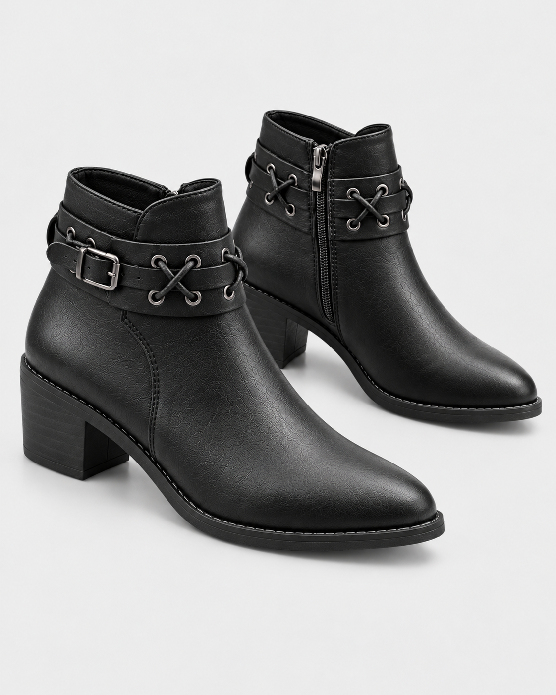 Image of black | Pair of black pointed-toe ankle boots showing rivet buckles and block heels