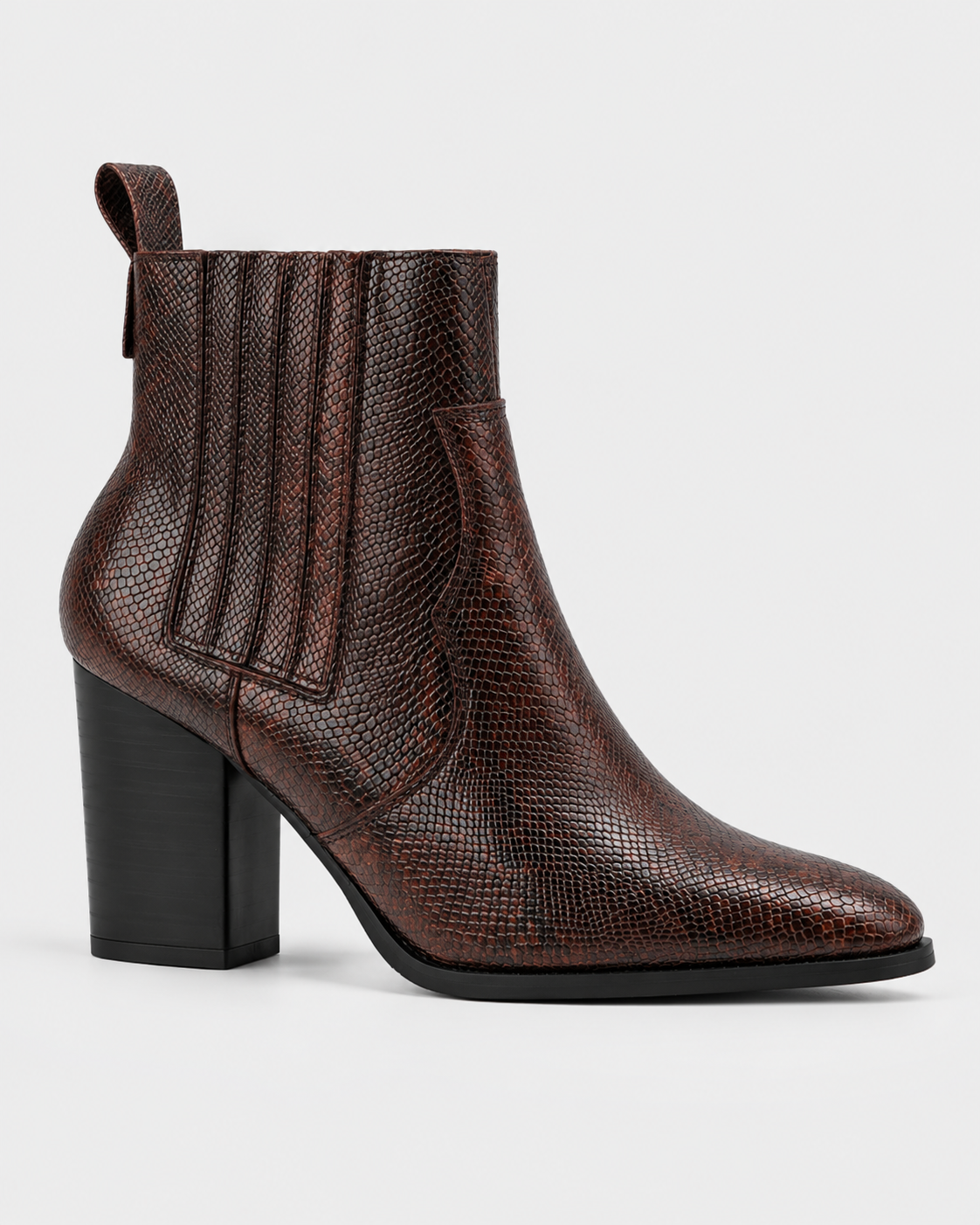 Brown | Women's snakeskin-print pointed-toe ankle boot, side studio view