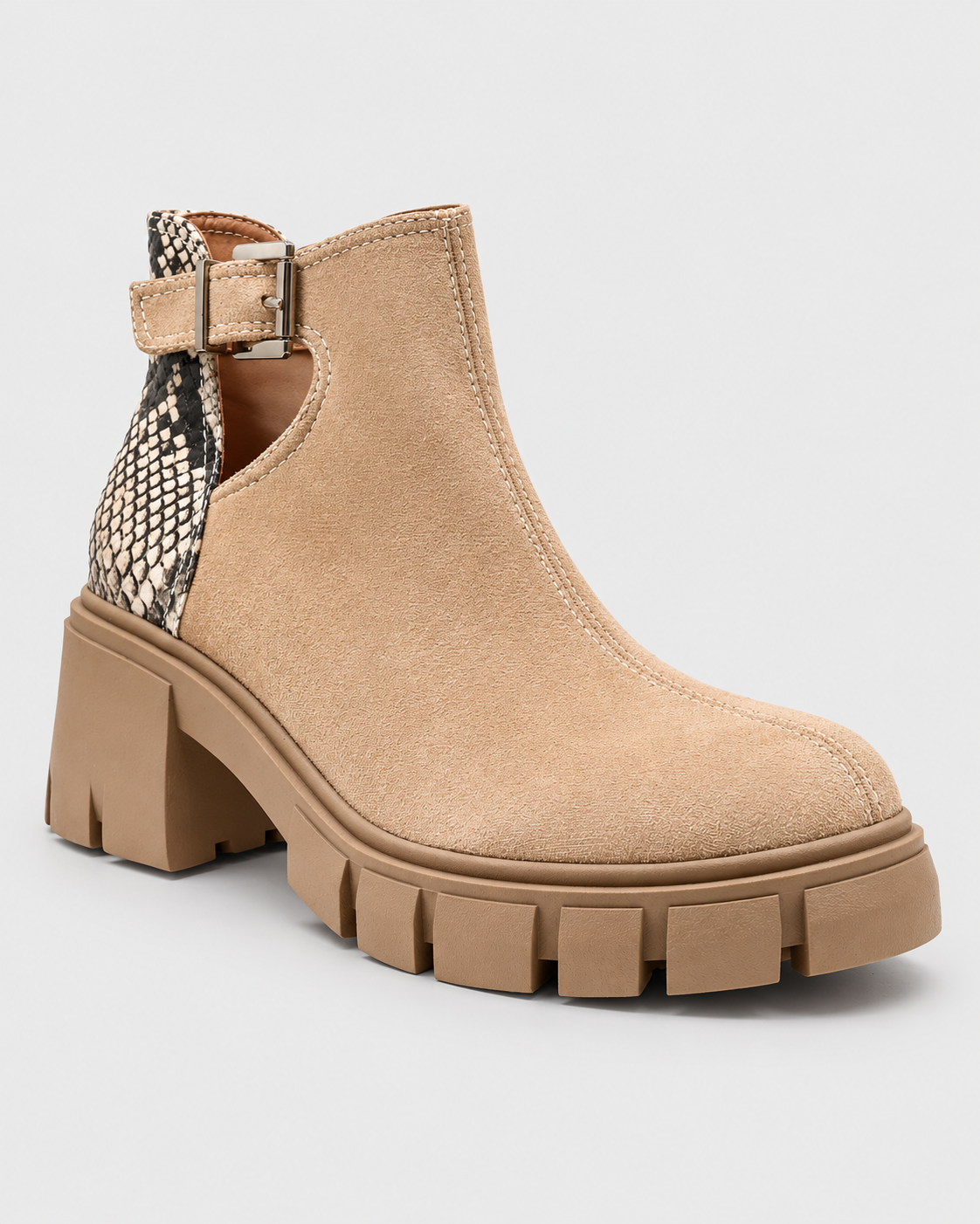 Image of Apricot | Women's snakeskin-texture heeled ankle boot in apricot, side studio view