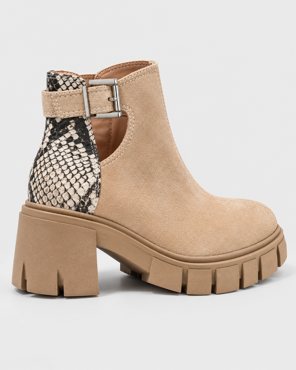 Apricot | Alternate three-quarter view of apricot lug-sole heeled ankle boot