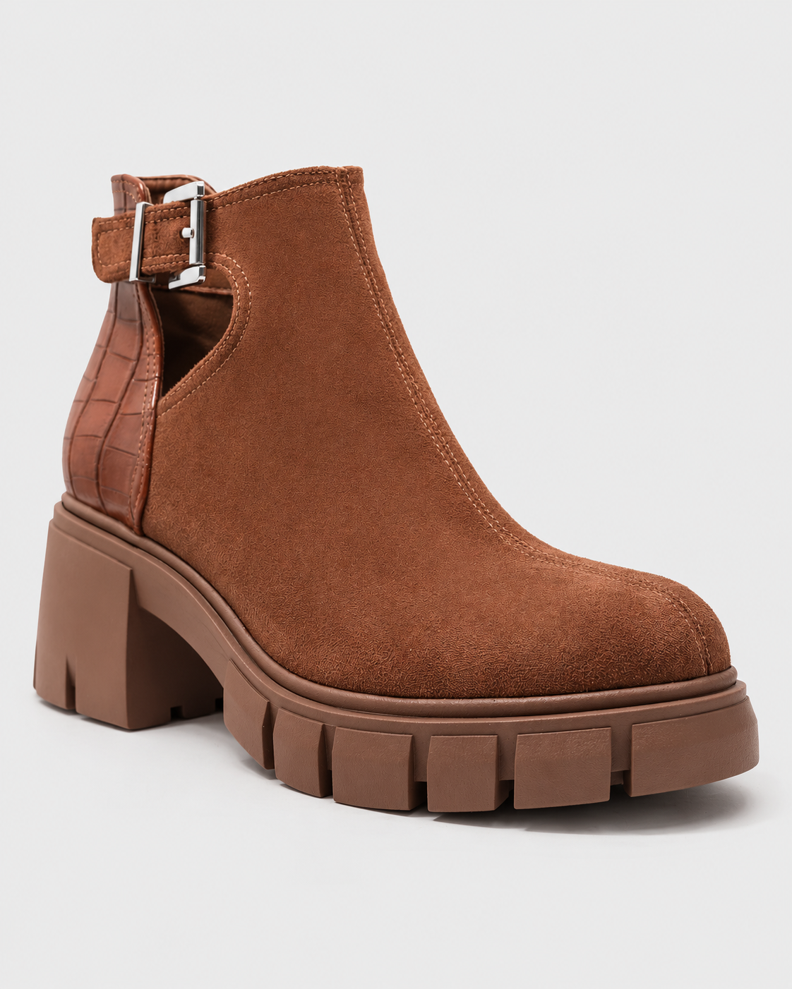 Image of Brown | Women's brown snakeskin-texture heeled ankle boot, side studio view