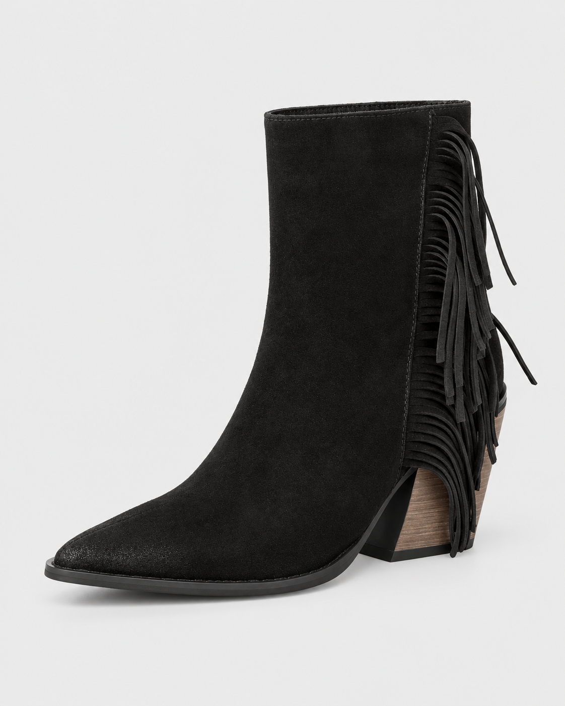 Black | Women's black pointed-toe western ankle boot, angled view