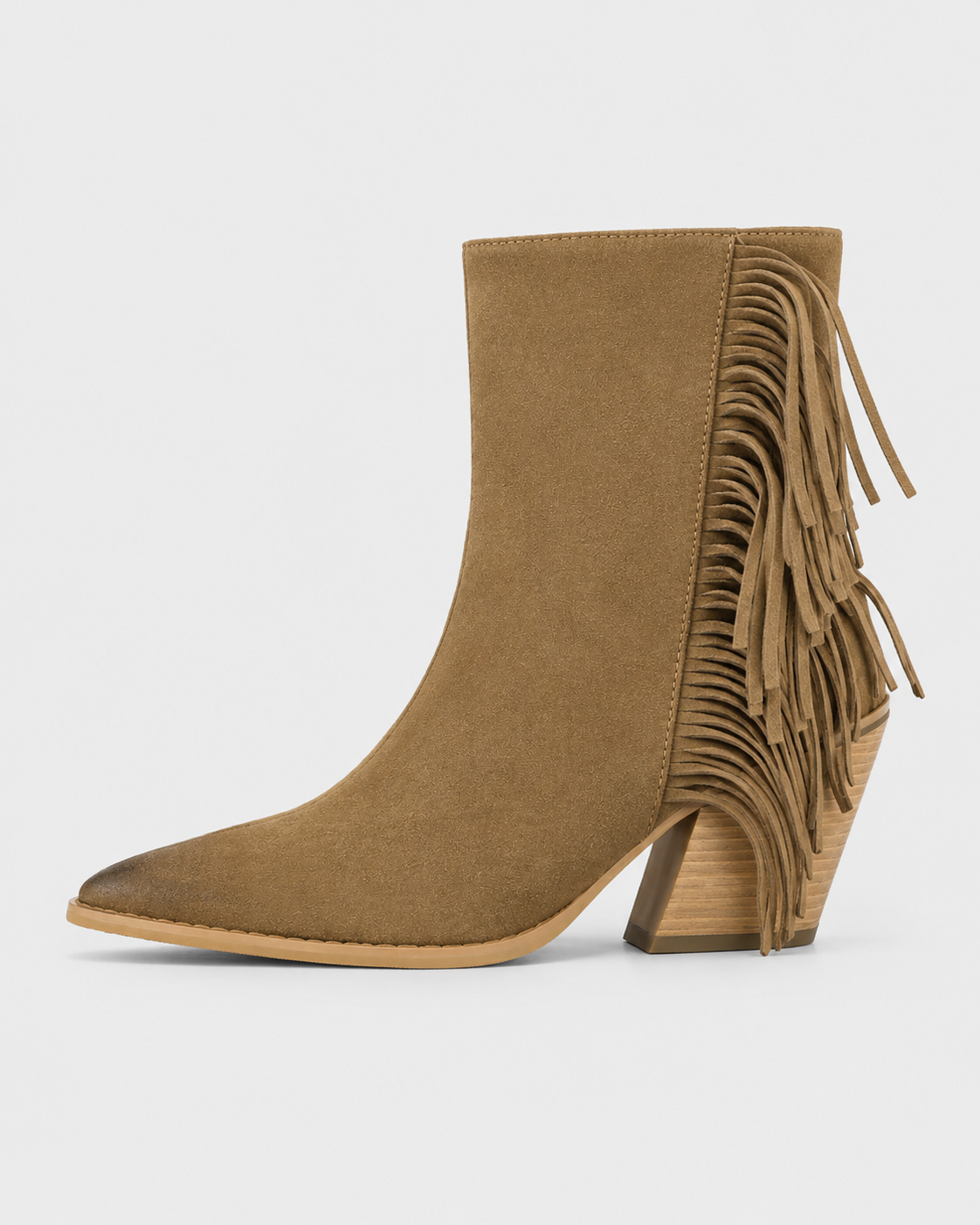 Earth Yellow | Women's tassel pointed-toe western ankle boot, side studio view