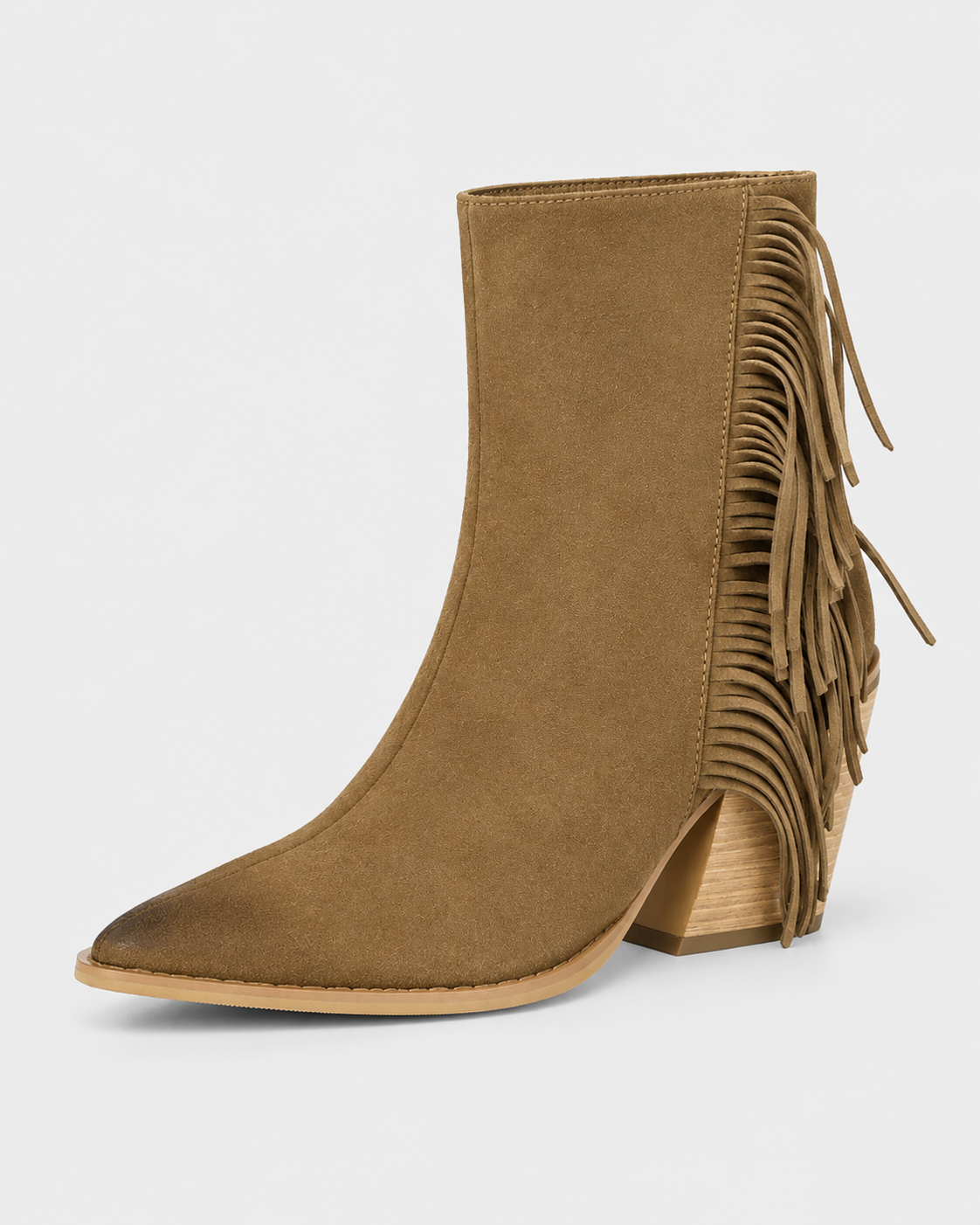 Earth Yellow | Women's tan pointed-toe western ankle boot, angled view