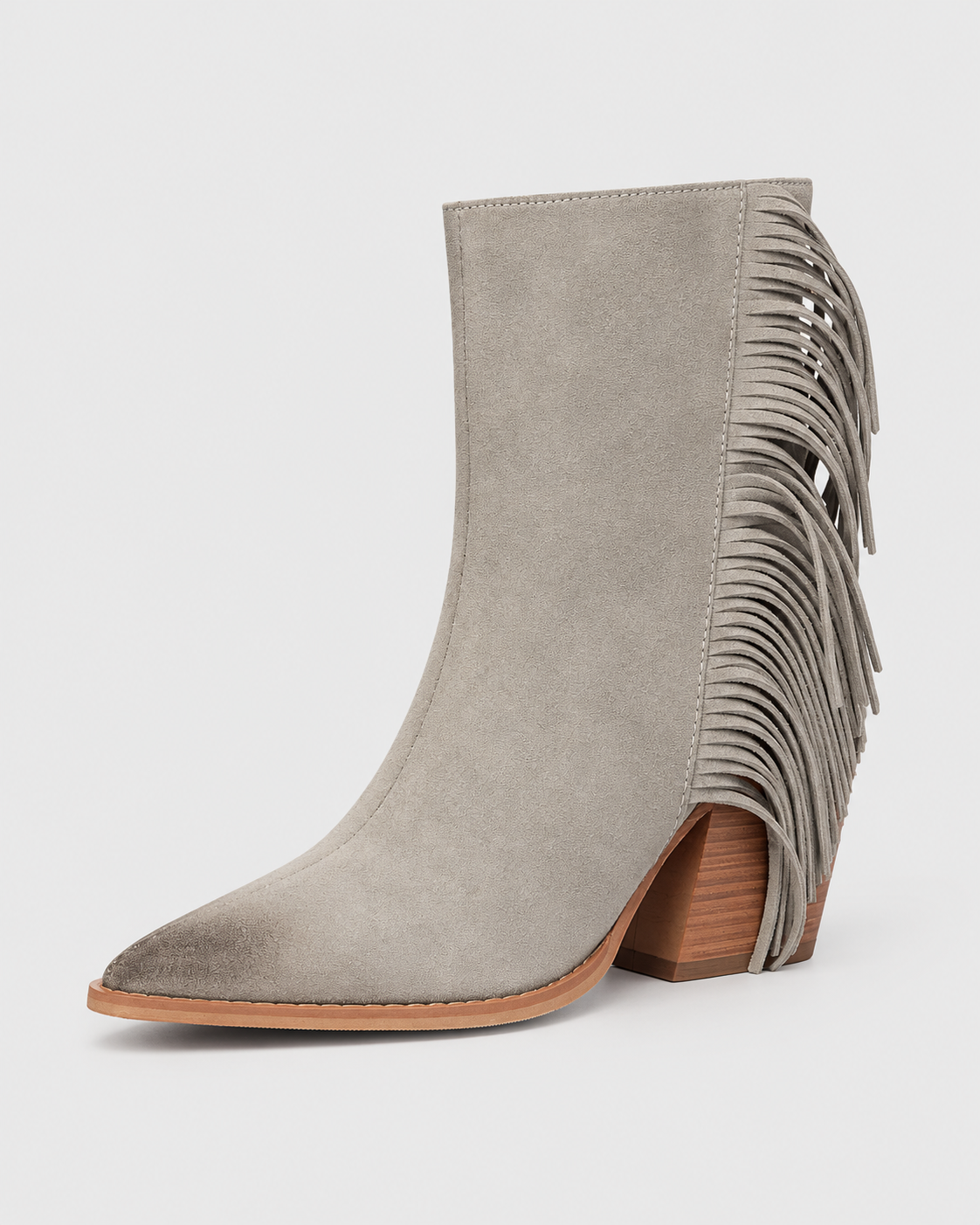 Gray | Women's tassel pointed-toe western ankle boot, side studio view